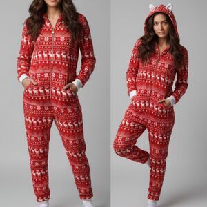 Forever 21 Women’s Red Moose Christmas One-Piece Pajamas Size Teen/Women